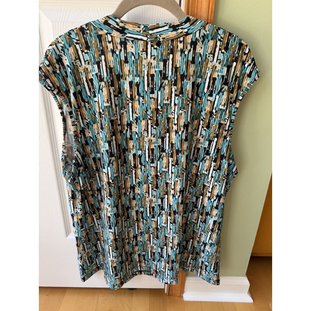 Kasper Abstract Geometric Print Cap Sleeve Top XL Teal Gold Black White Blouse - Picture 2 of 4
